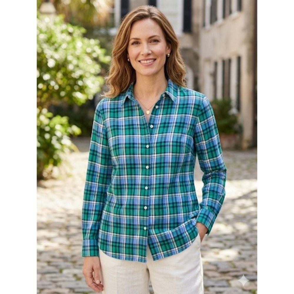 Talbots Medium Cotton Button Down Shirt Blue Green Plaid Long Sleeve Preppy